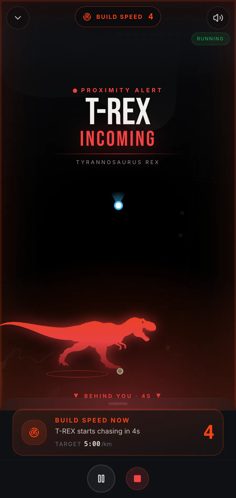 Raptor Run chase warning screen naming the approaching dinosaur